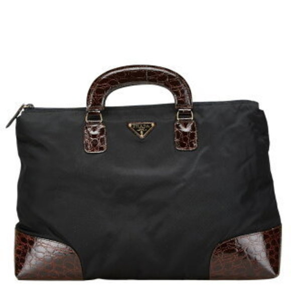 Prada handbag triangular crocodile black brown nylon leather - Picture 1 of 8